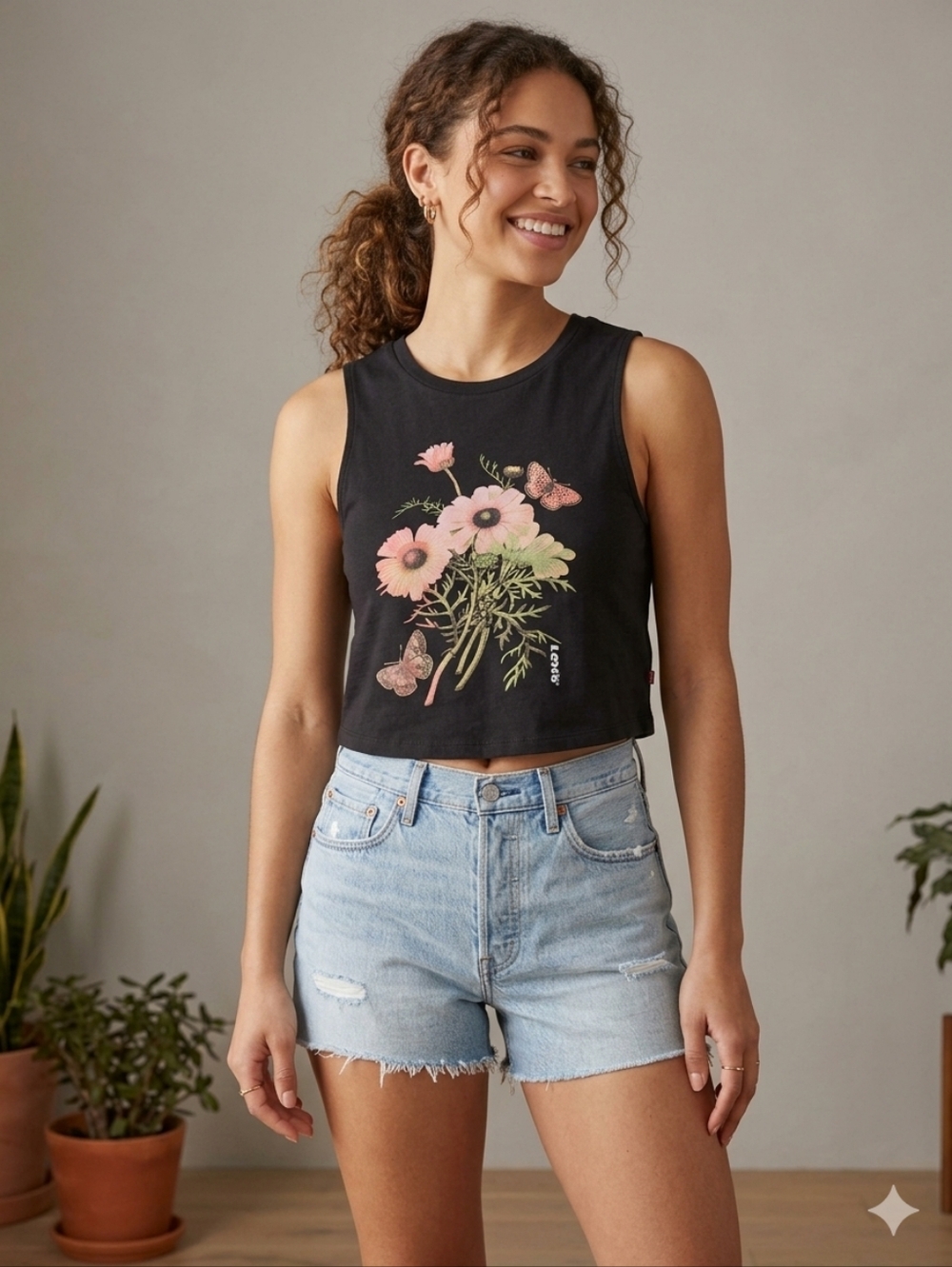 Levi's Black Tank Top with Pink Floral & Butterfly Graphic